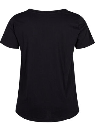 Cotton t-shirt with text print and v-neck, Black ORI, Packshot image number 1