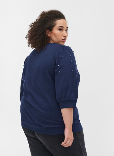 Sweatshirt with balloon sleeves and pearls, Black Iris, Model image number 1