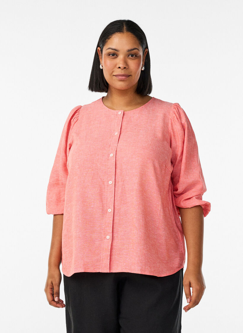 Shirt blouse in linen and viscose with 3/4-sleeves, Coral, Model image number 0