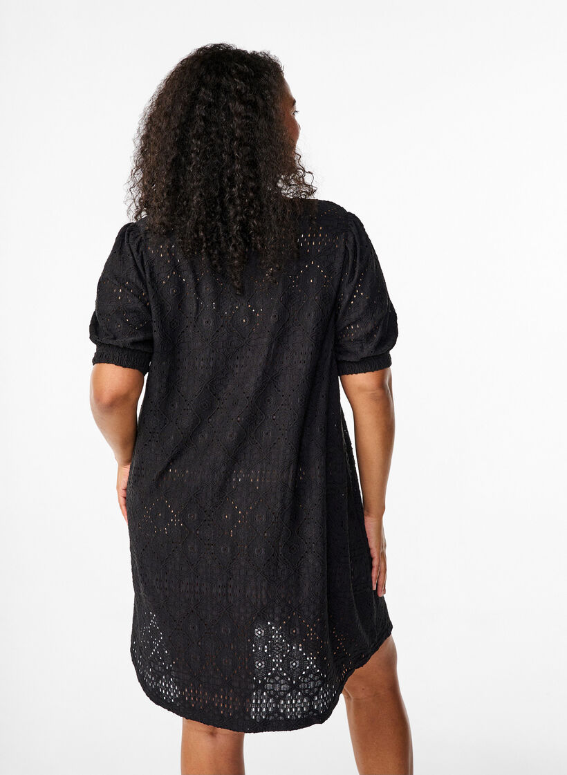 Short dress with v-neck and hole pattern, Black, Model image number 1