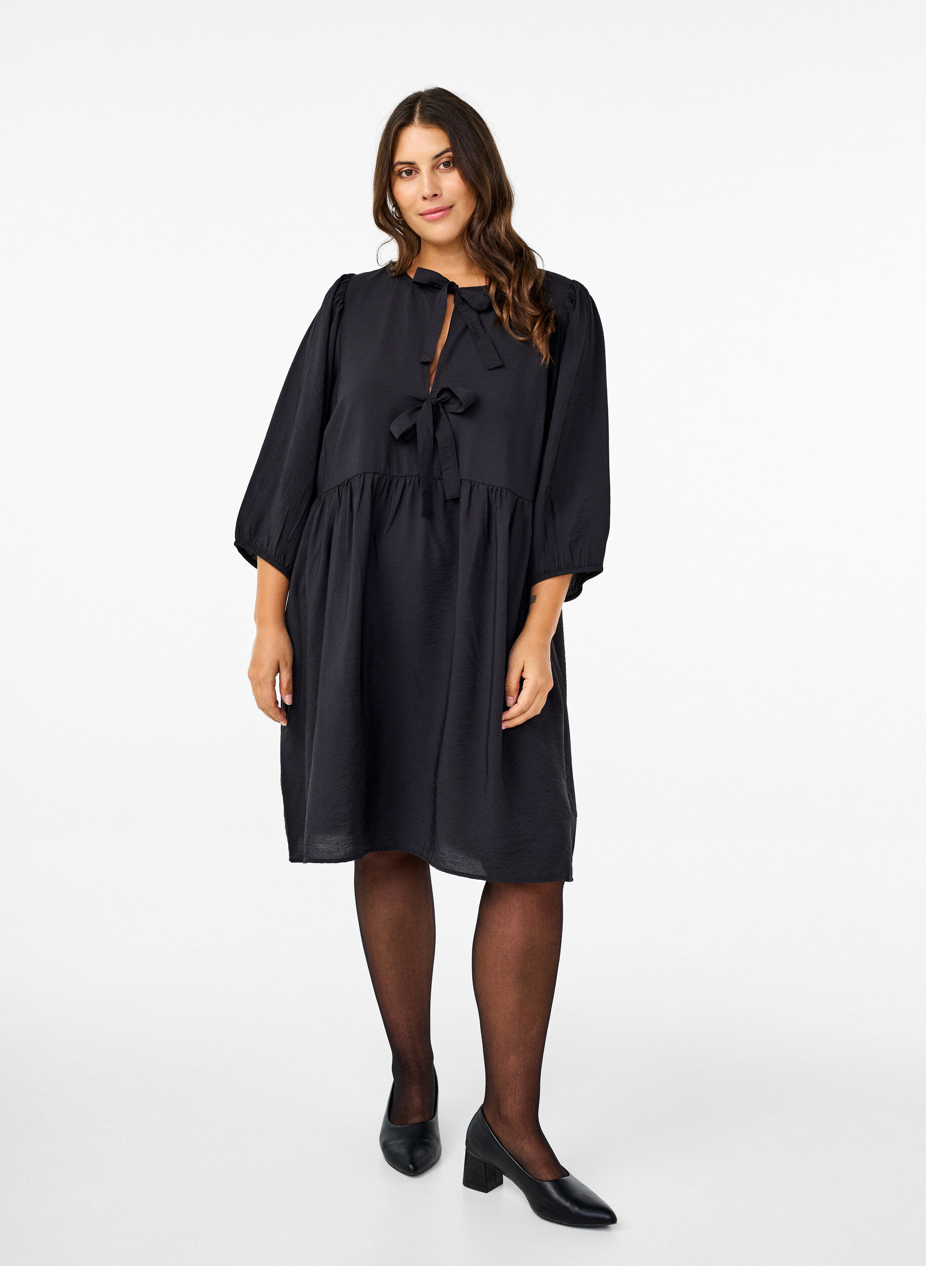 Zizzifashion Dress with bows and 3/4 sleeves, Black, Model image number 2