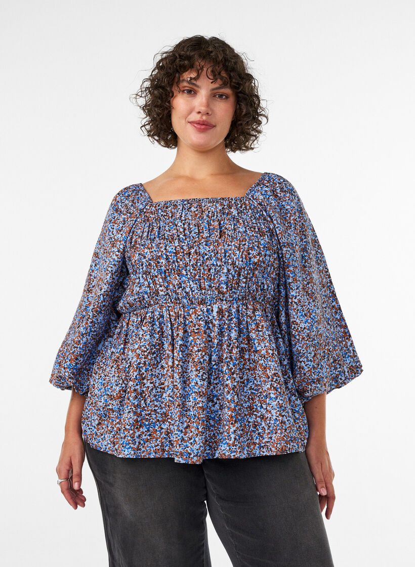 Blouse with smock and square neckline, Light Blue, Model image number 0