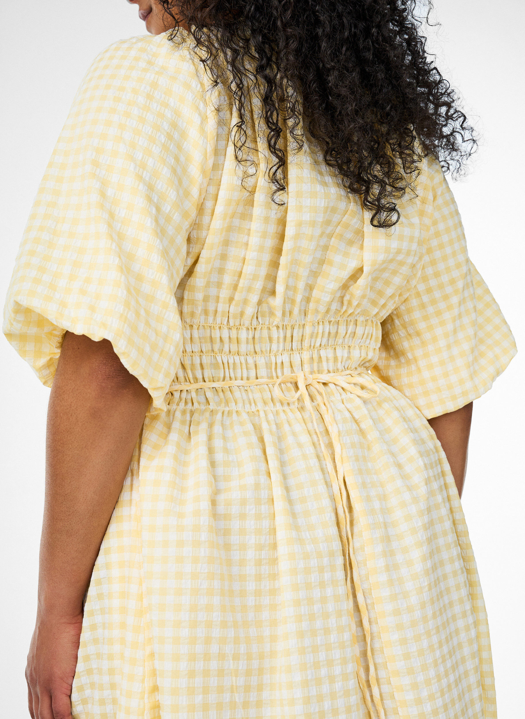 ZizzifashionShort small check dress with balloon sleeves, Yellow, Model image number 3