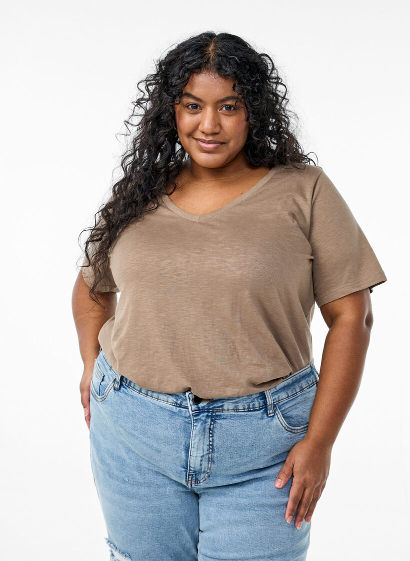 Short sleeve basic t-shirt with v-neck, Brown, Model image number 0
