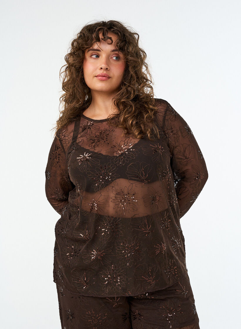 Mesh blouse with flowers and sequins, Brown, Model image number 0