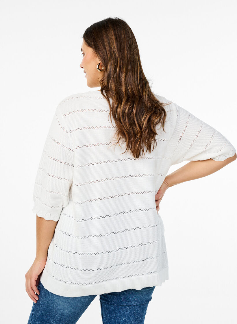 Knitted blouse with a striped openwork pattern and short sleeves, Vanilla, Model image number 2