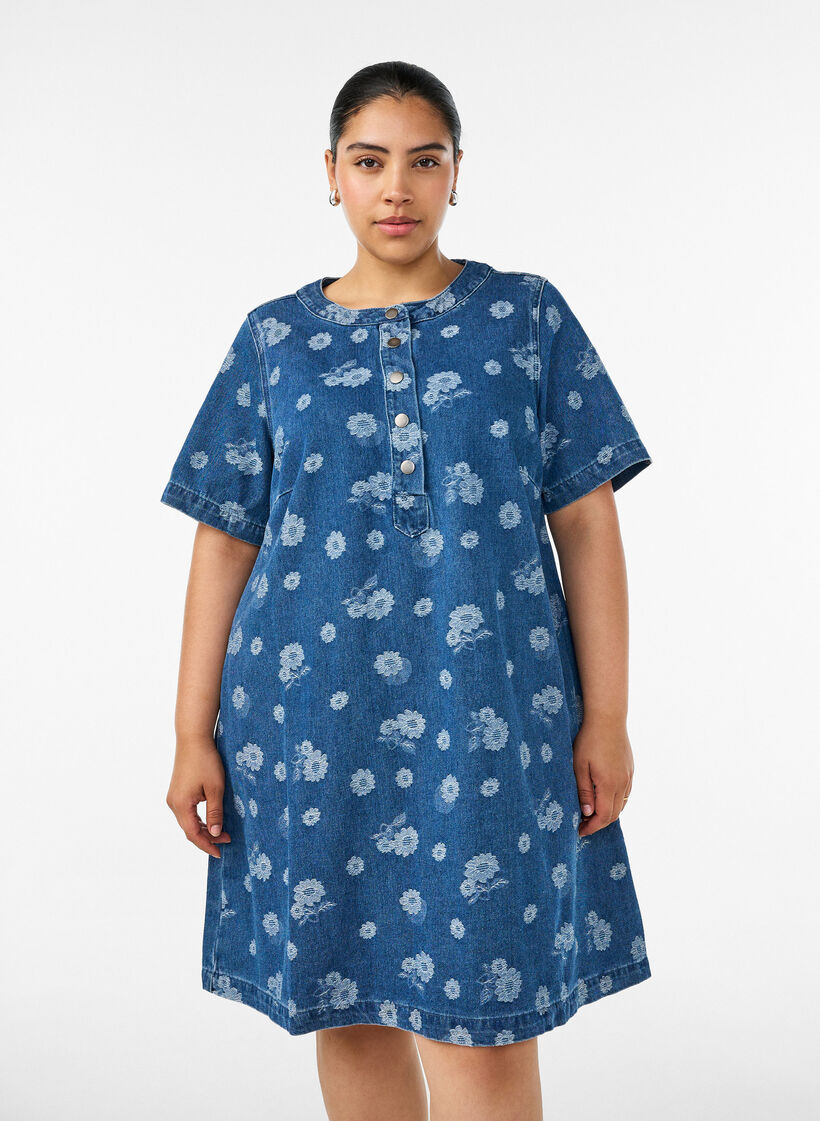 A-line denim dress with floral pattern, Blue, Model image number 0