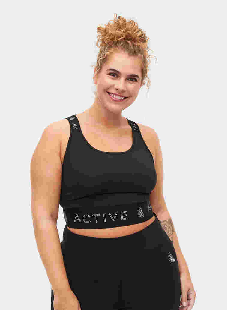 Sports bra with text print, Black, Model image number 0