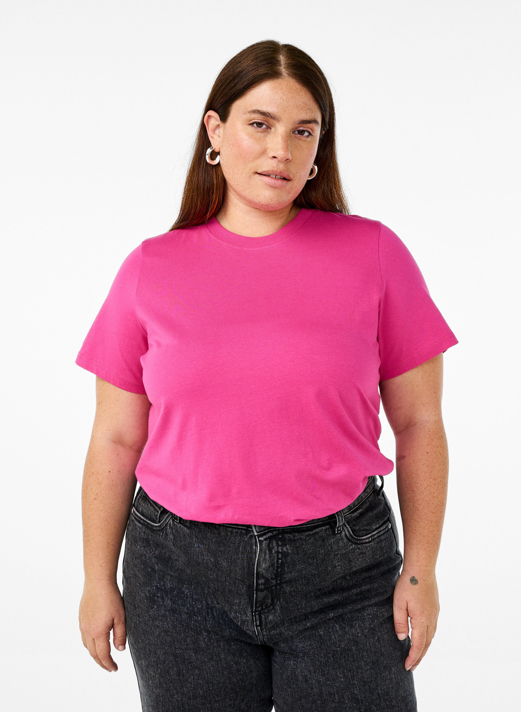 ZizzifashionBasic cotton T-shirt with round neck, Rose, Model image number 0