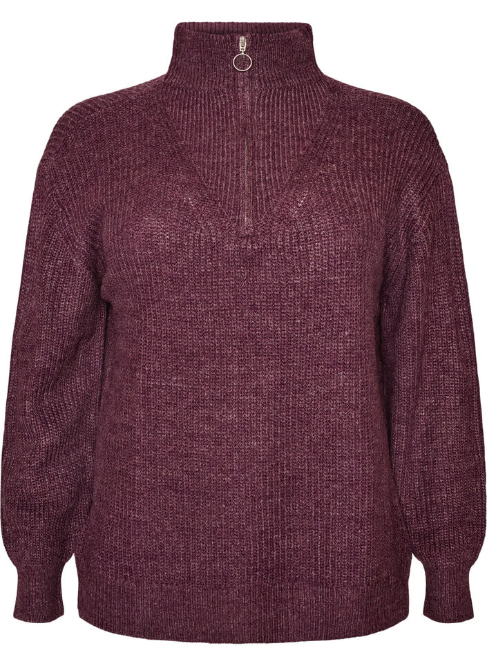 Knitted sweater with high neck and zipper, Purple, Packshot image number 0