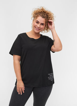 Cotton sports t-shirt with text and short sleeves, Black, Model image number 0