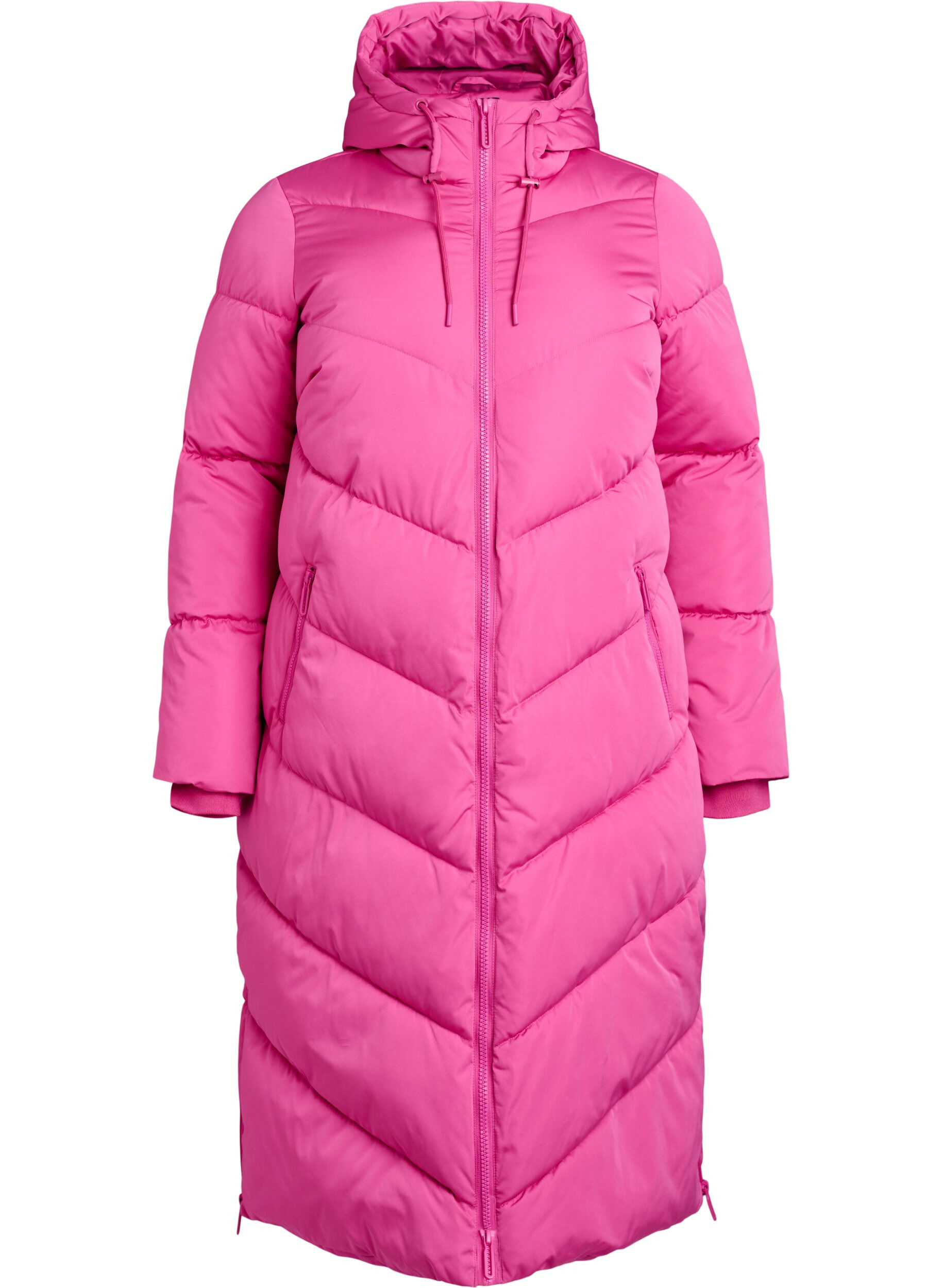 Long puffer coat with hood and pockets