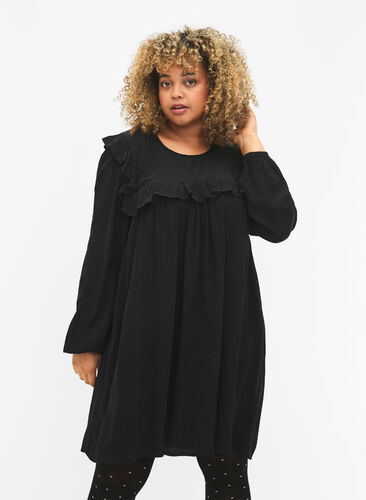 Viscose tunic with ruffles, Black, Model image number 0