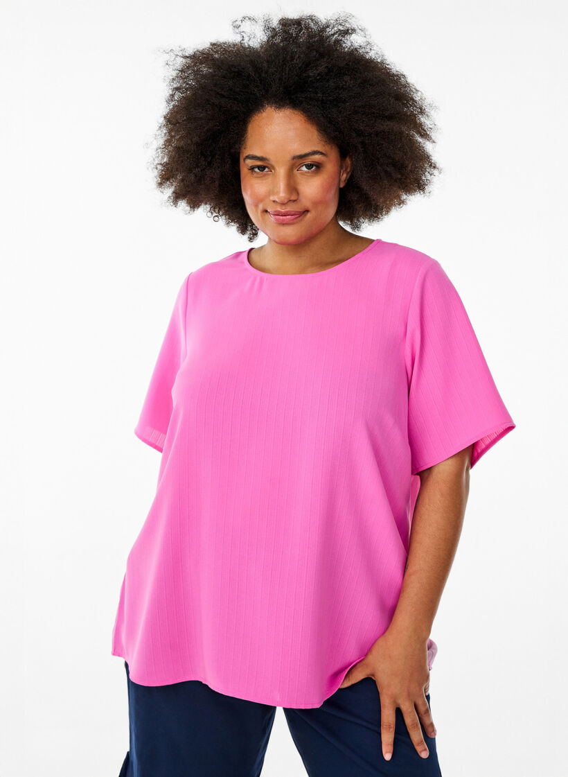Short-sleeved blouse with round neck, Pink, Model image number 0