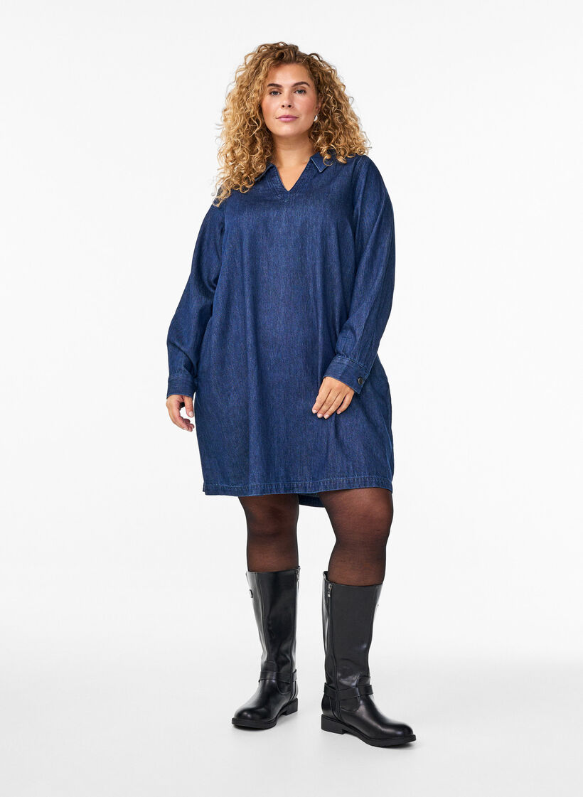 Short denim dress with a V-neck and collar, Blue, Model image number 1