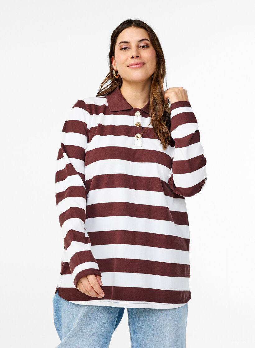 Striped polo shirt with long sleeves, Dark Bordeaux, Model image number 0