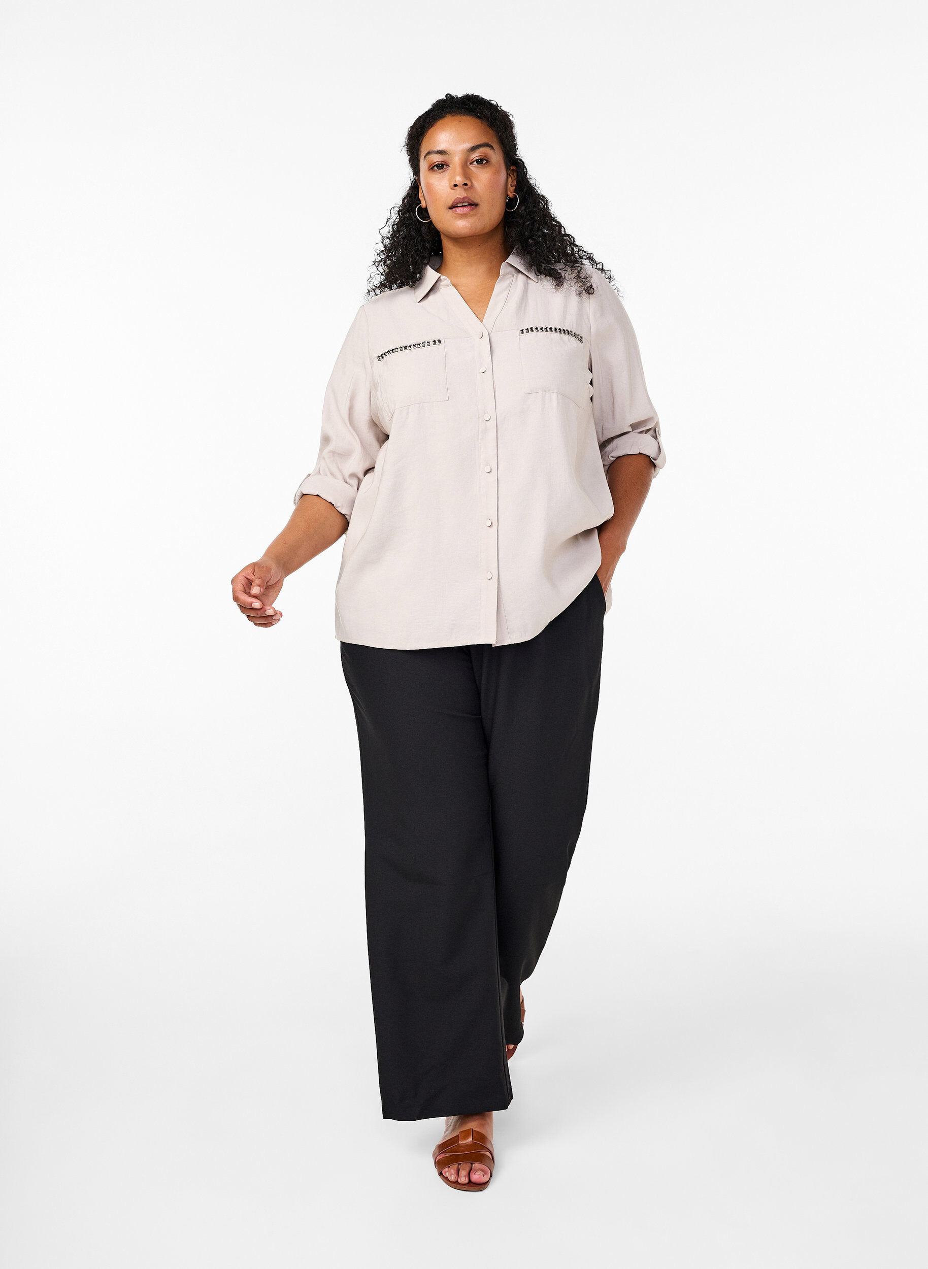 Zizzifashion Shirt with studs and 3/4 sleeves, Beige, Model image number 1