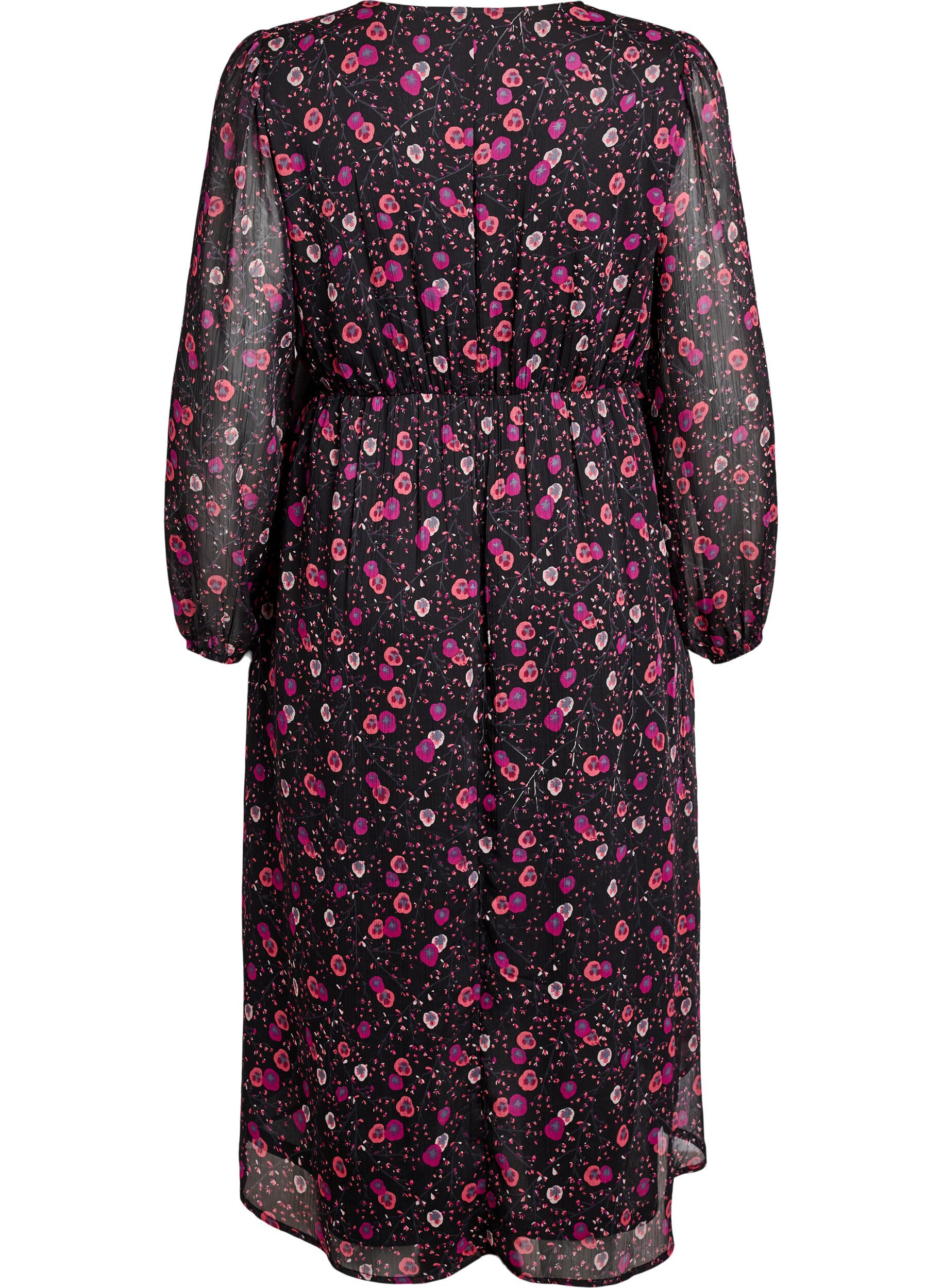 Zizzifashion Chiffon dress with floral print and long sleeves, Black, Packshot image number 1