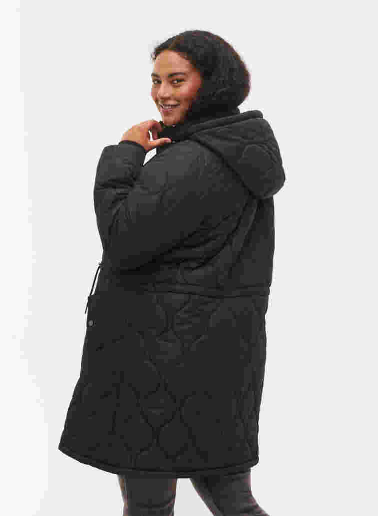 Quilted thermal jacket with fleece lining and detachable hood, Black, Model image number 1