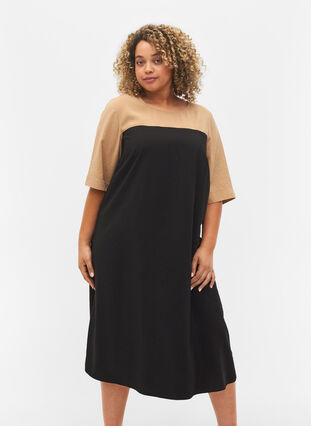 Viscose midi dress with colour-block, Black Comb, Model image number 0