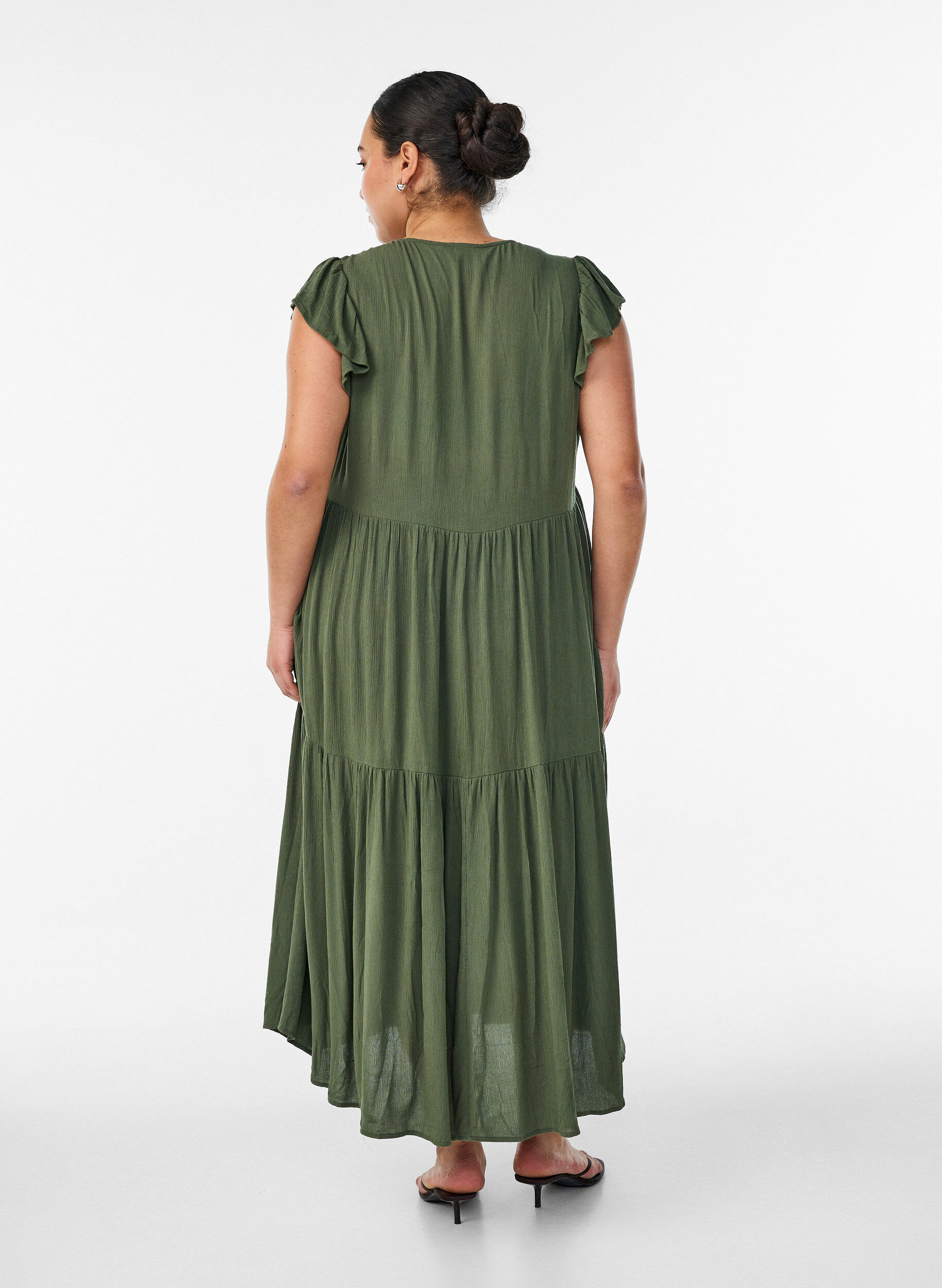 ZizzifashionMidi dress in viscose with ruffle sleeves, Green, Model image number 2