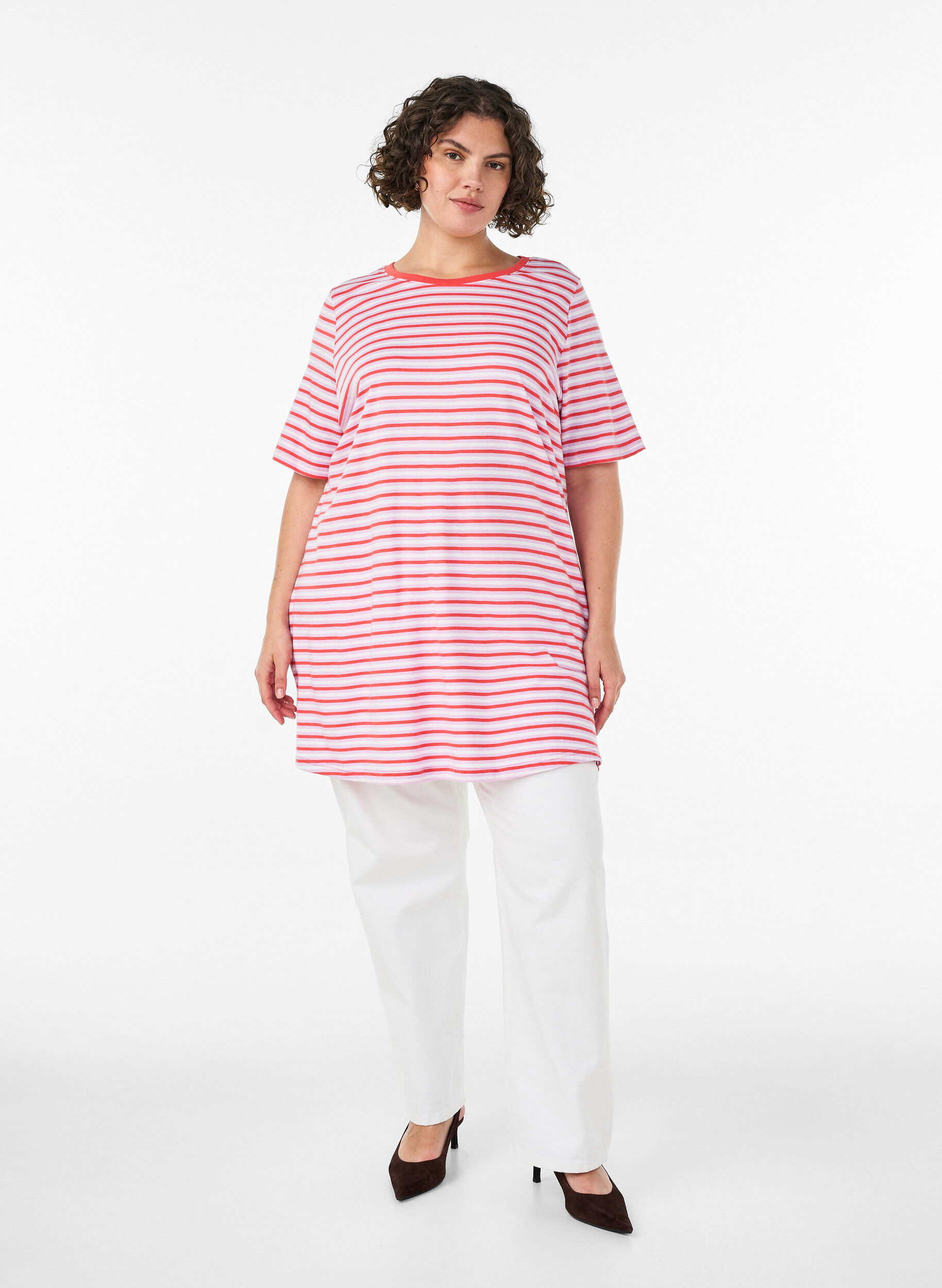 ZizzifashionLong oversized striped T-shirt in organic cotton, Purple, Model image number 1