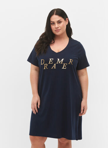 Organic cotton nightdress with V-neck , Navy Bl. W. Dreamer, Model image number 0