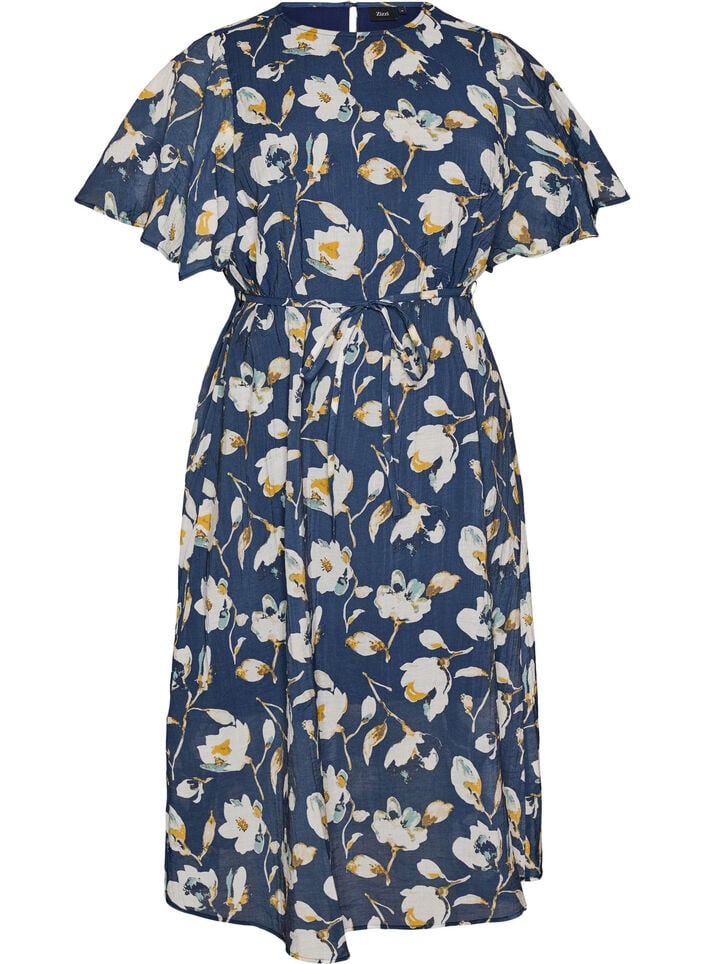 Ankle-length dress with flutter sleeves and tie-waist, Blue, Packshot image number 0