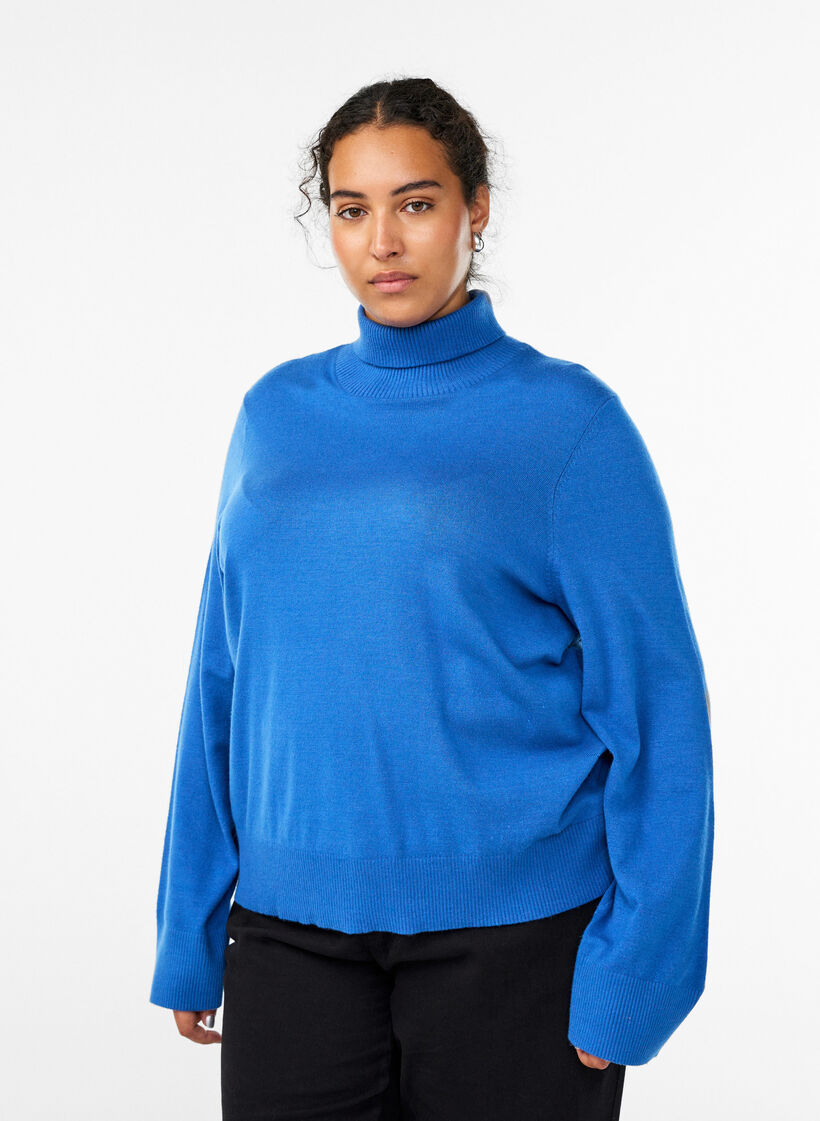 Knitted blouse with turtleneck and side buttons, Blue, Model image number 0