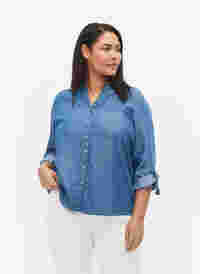 Shirt with 3/4 sleeves and round neckline, Medium Blue Denim, Model