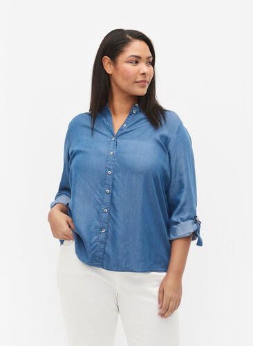 Shirt with 3/4 sleeves and round neckline, Medium Blue Denim, Model image number 0