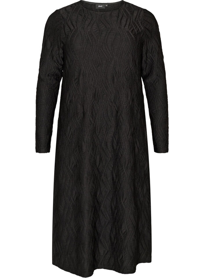 Midi dress with a wavy texture and long sleeves, Black, Packshot image number 0