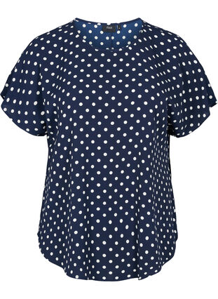 Blouse with short sleeves and a round neckline, Navy Bla w White Dot, Packshot image number 0