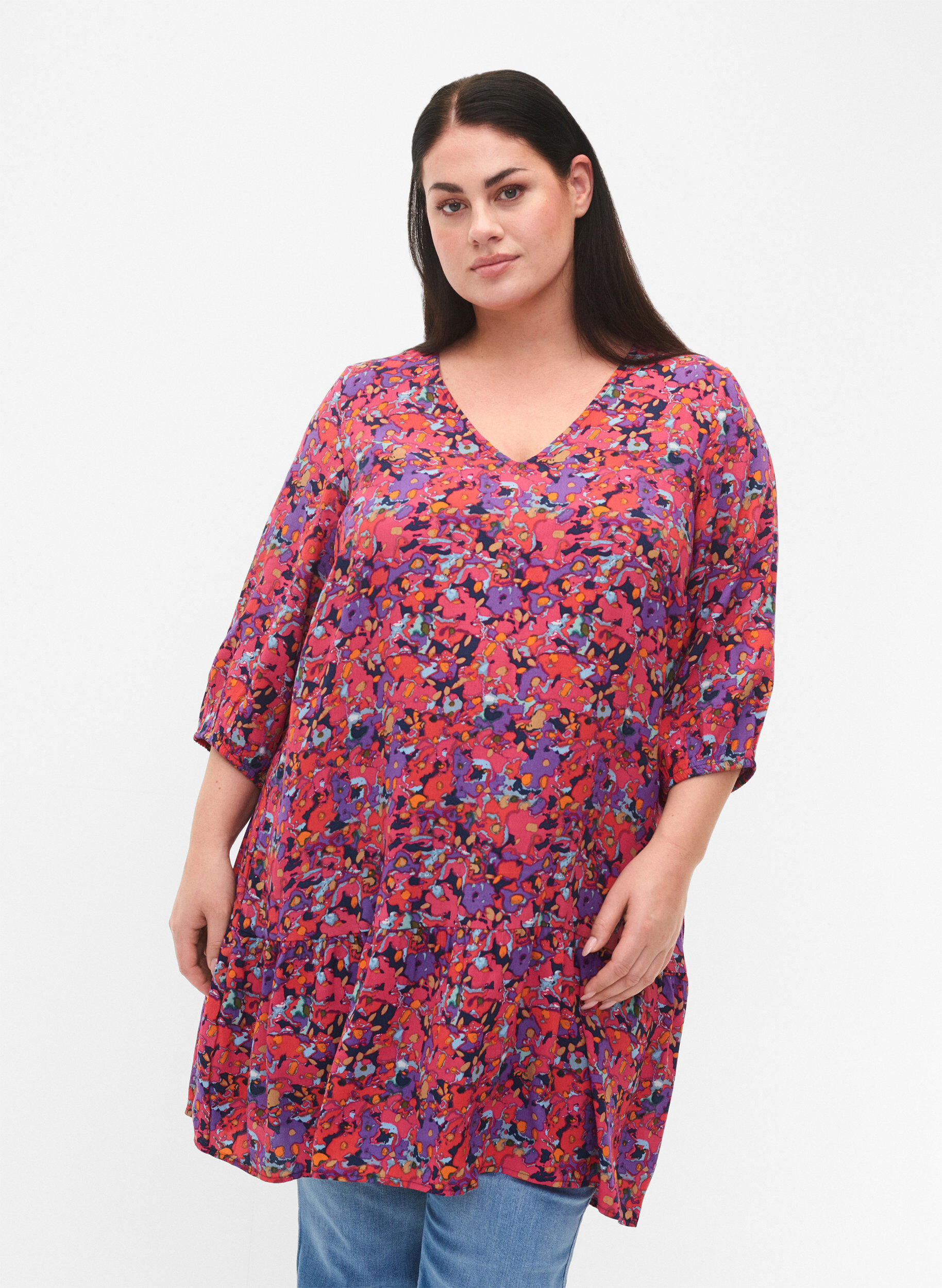 Zizzifashion Viscose tunic with A-line cut, Pink Small FL. AOP, Model image number 0