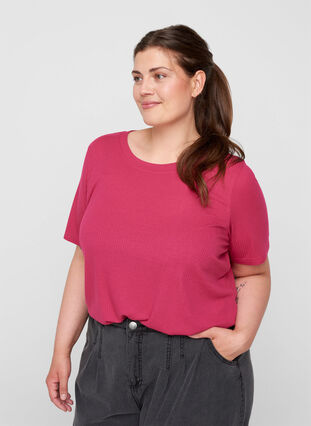 Short-sleeved t-shirt in ribbed fabric, Sangria, Model image number 0