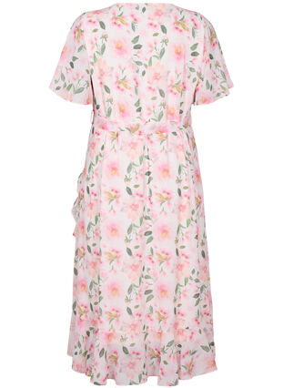 Short sleeve midi dress with floral print, White w. Pink Flower, Packshot image number 1