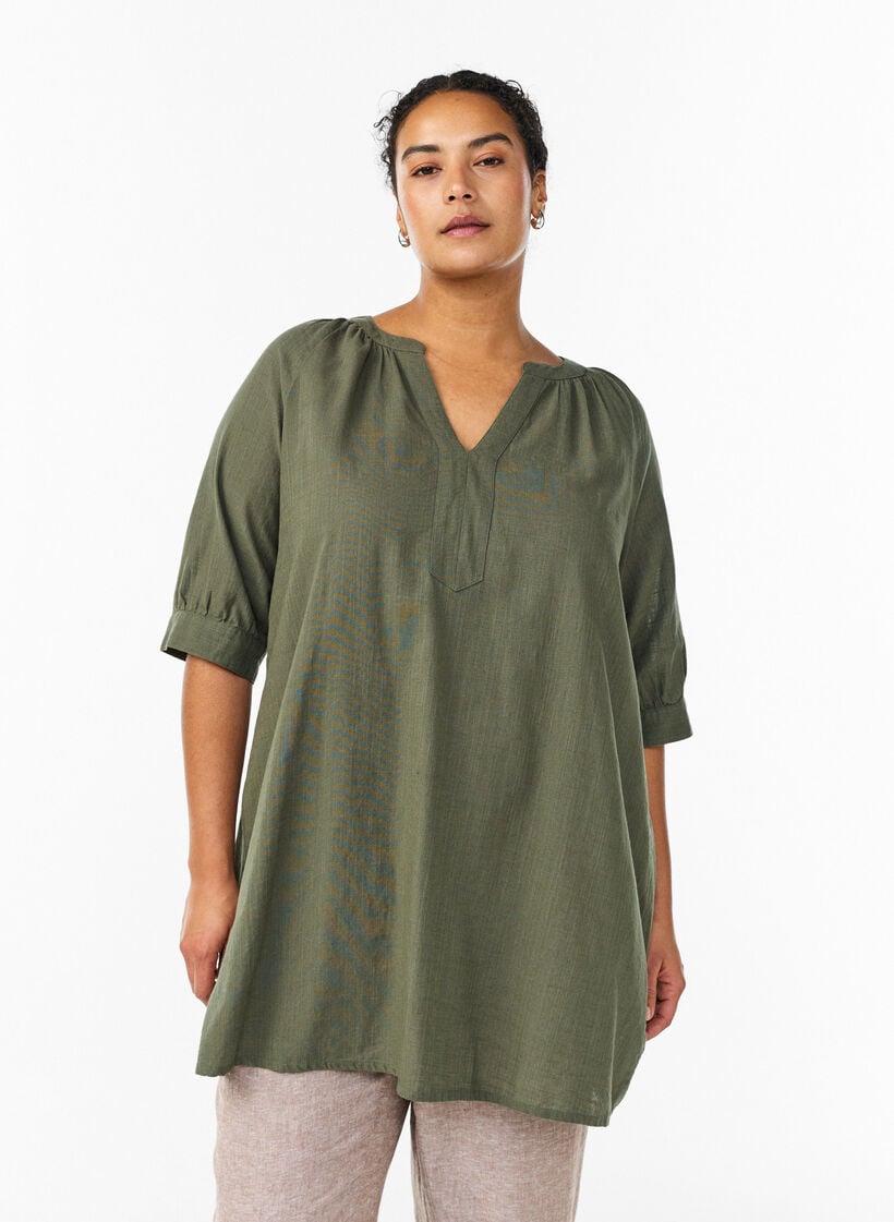 Cotton tunic with a V-neck, Green, Model image number 0