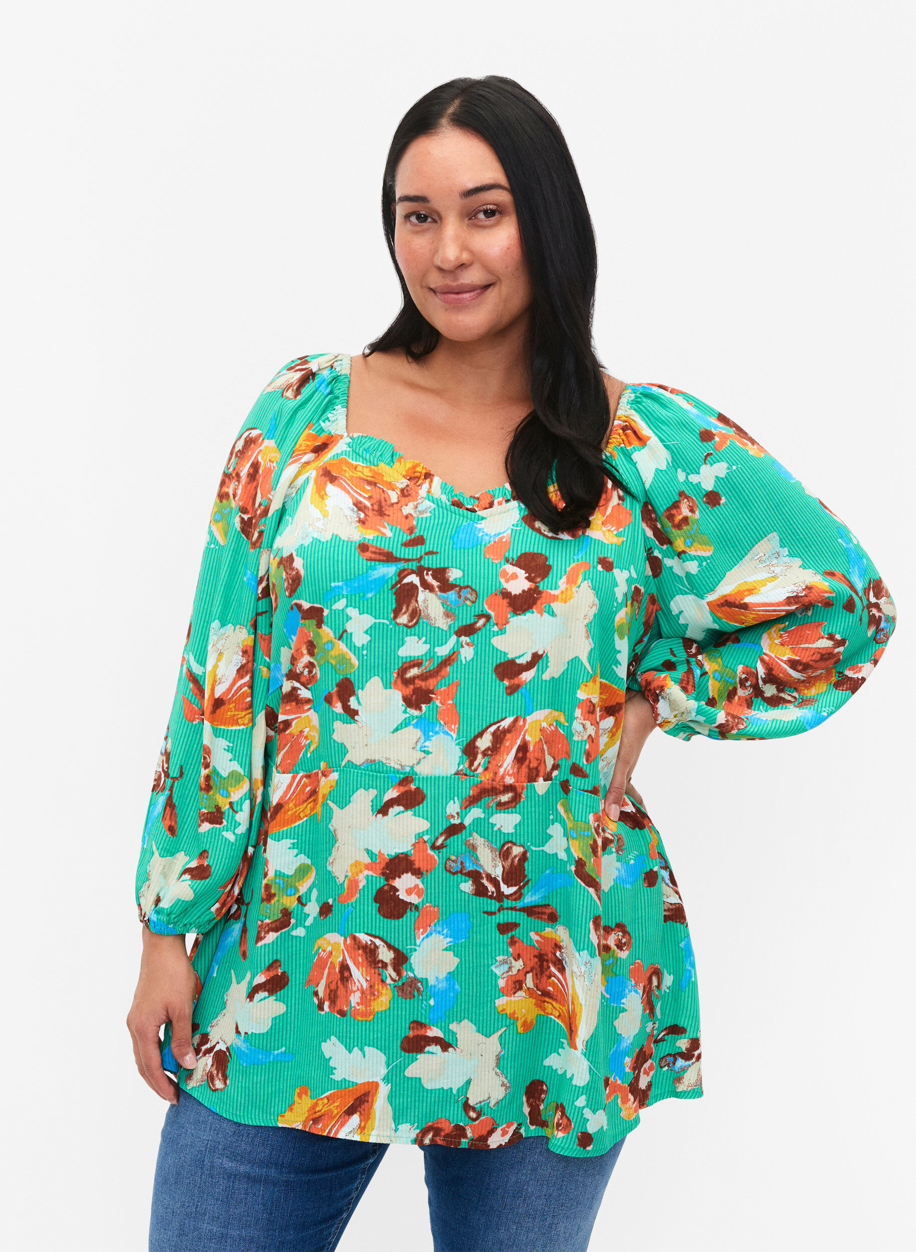 Zizzifashion Printed viscose blouse with 3/4 sleeves, Green, Model image number 0