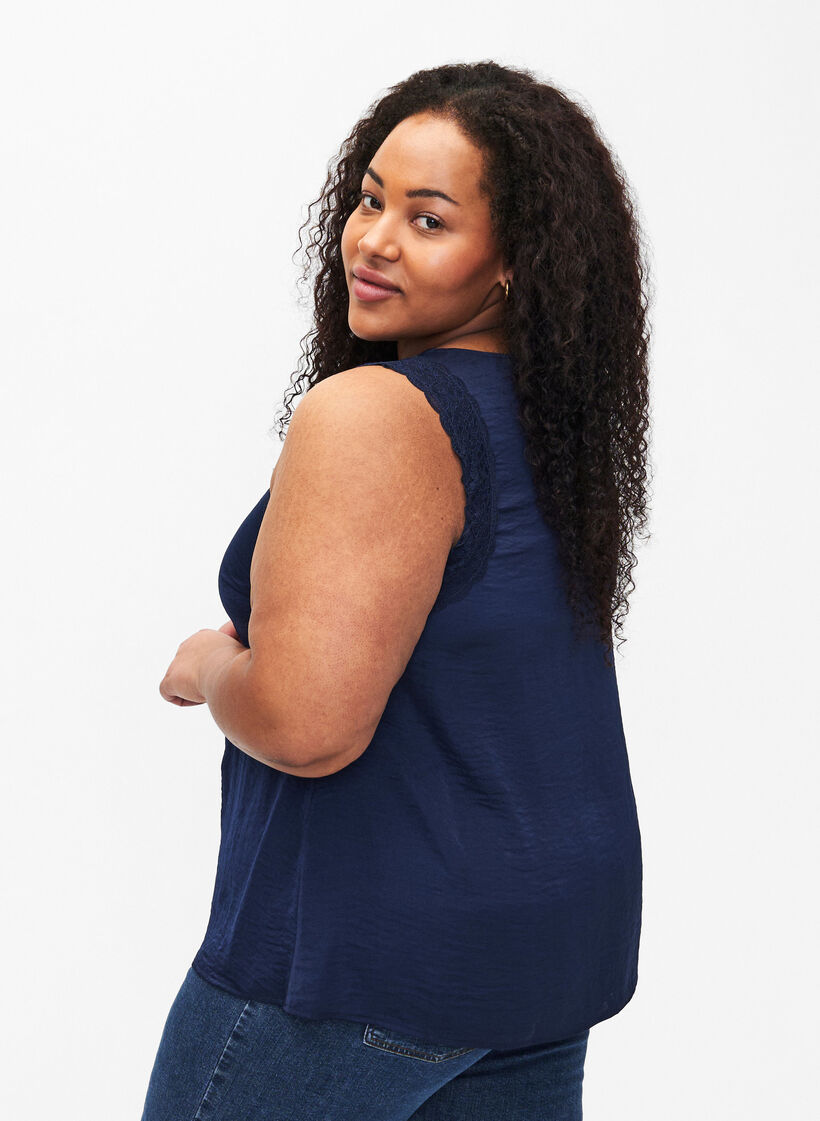 Top with lace and cross detail, Navy, Model image number 1