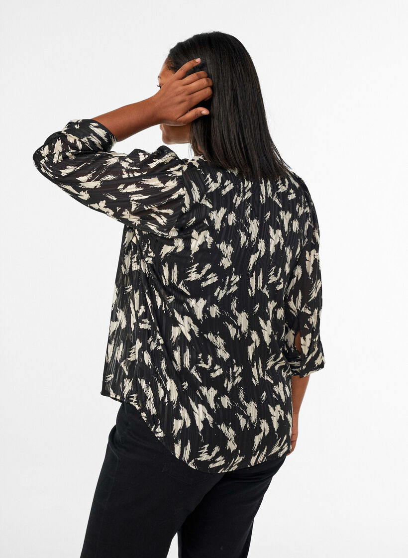 Patterned shirt with a stand-up collar and 3/4-sleeves, Black, Model image number 2