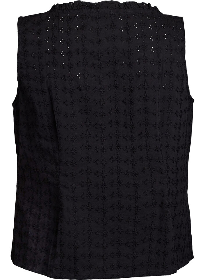 Sleeveless blouse with broderie anglaise and ruffles, Black, Packshot image number 1