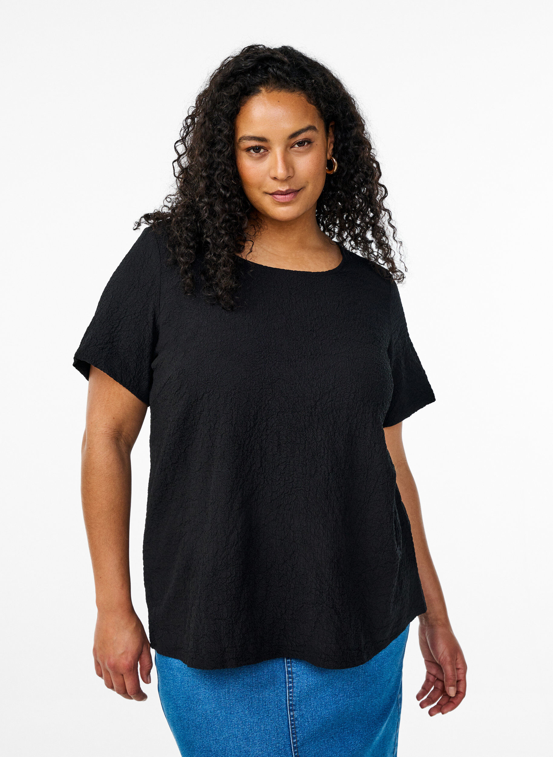 Zizzifashion FLASH - Short-sleeved blouse with texture, Black, Model image number 0