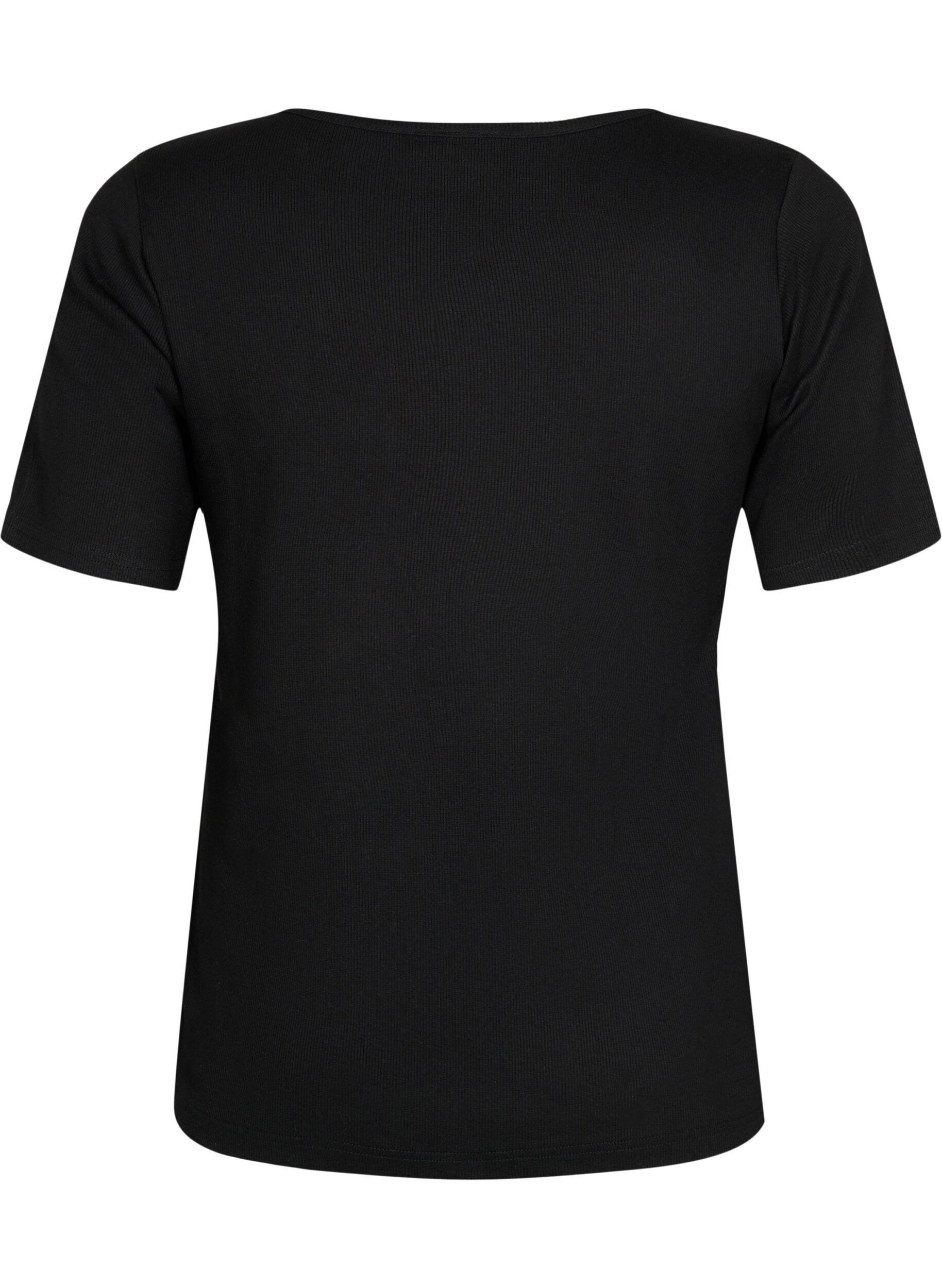 Zizzifashion Short-sleeved cotton top in rib, Black, Packshot image number 1