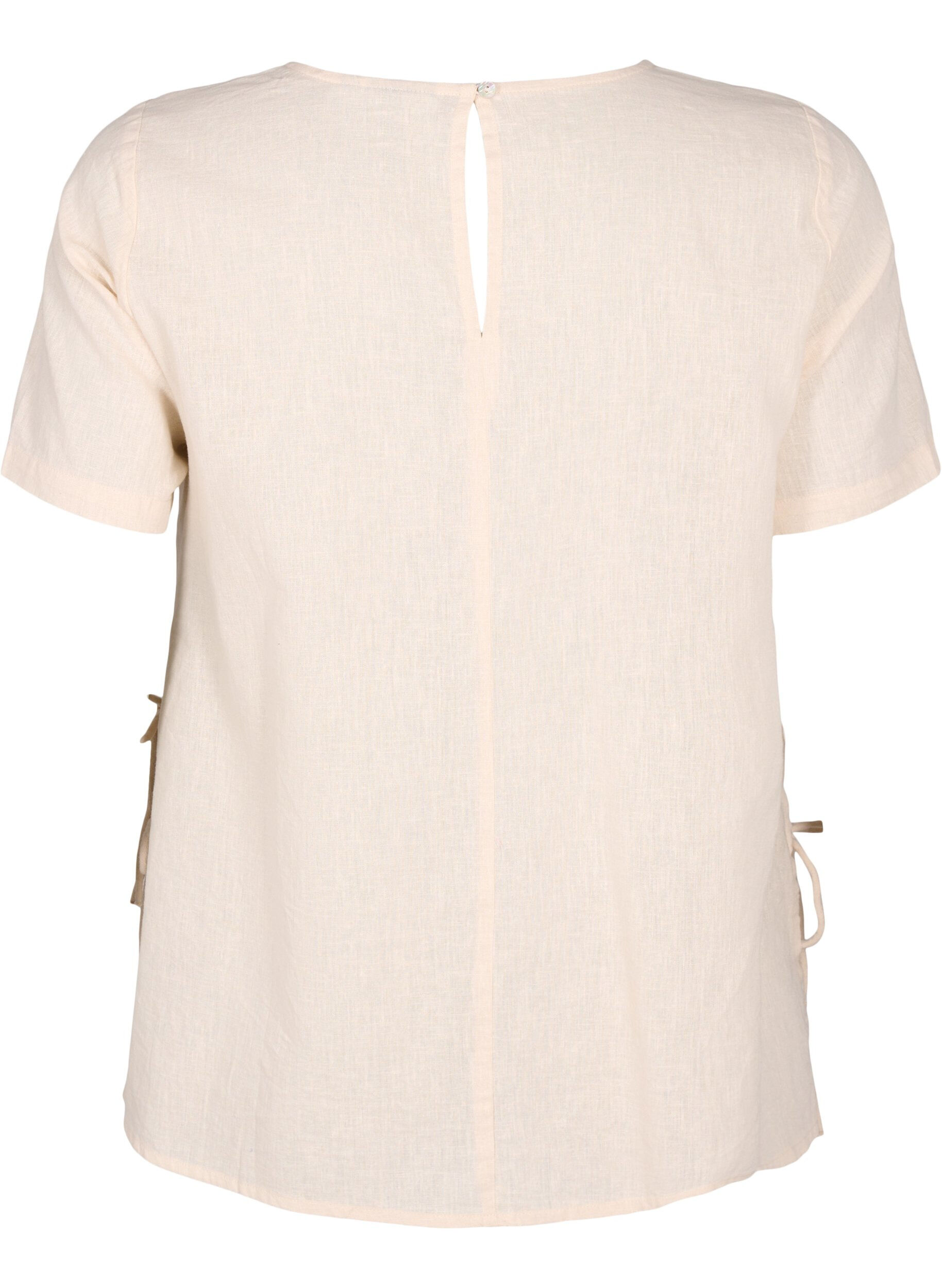 Zizzifashion Short-sleeved blouse in a cotton blend with linen and lace detail, Sandshell, Packshot image number 1