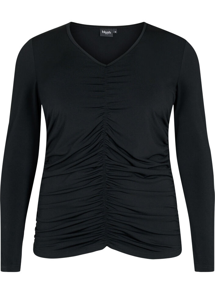 Blouse with v-neck and draping, Black, Packshot image number 0