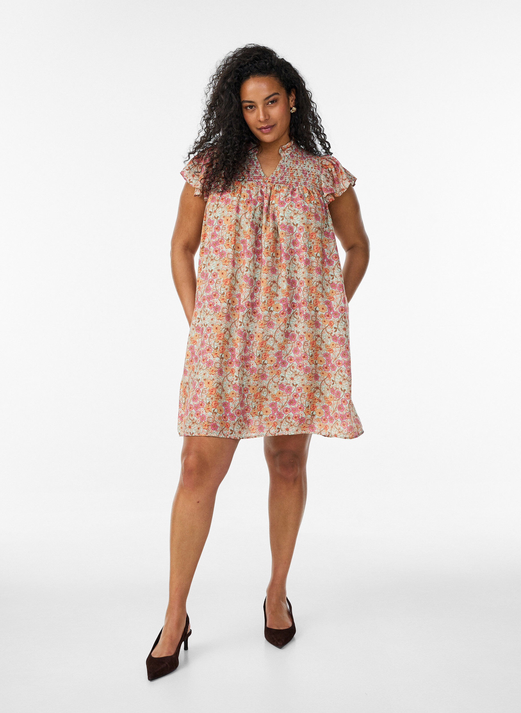 ZizzifashionShort viscose dress with smocking and floral print, Orange, Model image number 1