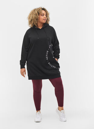 Long sweatshirt with a hood and print details, Black w. Logo Print, Model image number 2