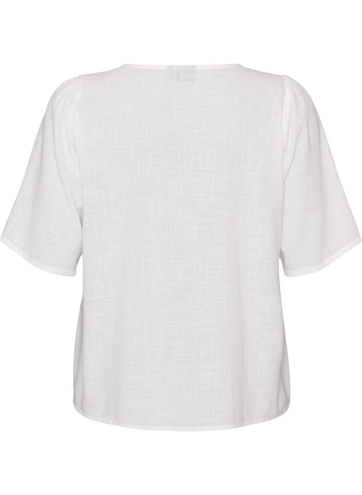 Short-sleeved cotton shirt with a V-neck, White, Packshot image number 1