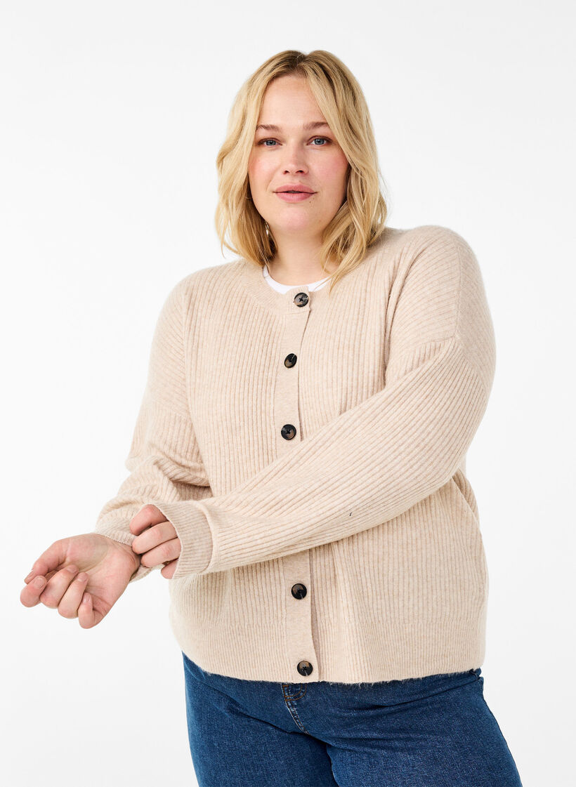 Rib knit cardigan with buttons, Beige, Model image number 0