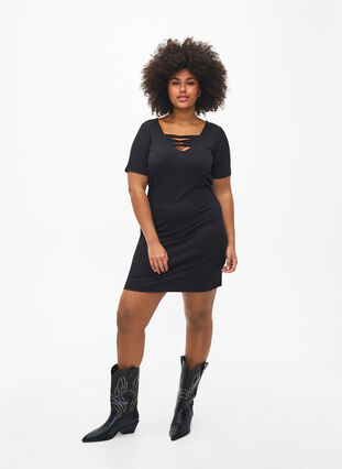 Tight-fitting dress with V-neck and strap detail, Black, Model image number 3